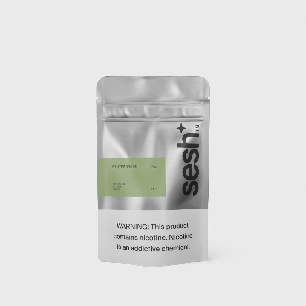 Silver pouch of Sesh+ Wintergreen 8mg nicotine pouches with 200 count and health warning label